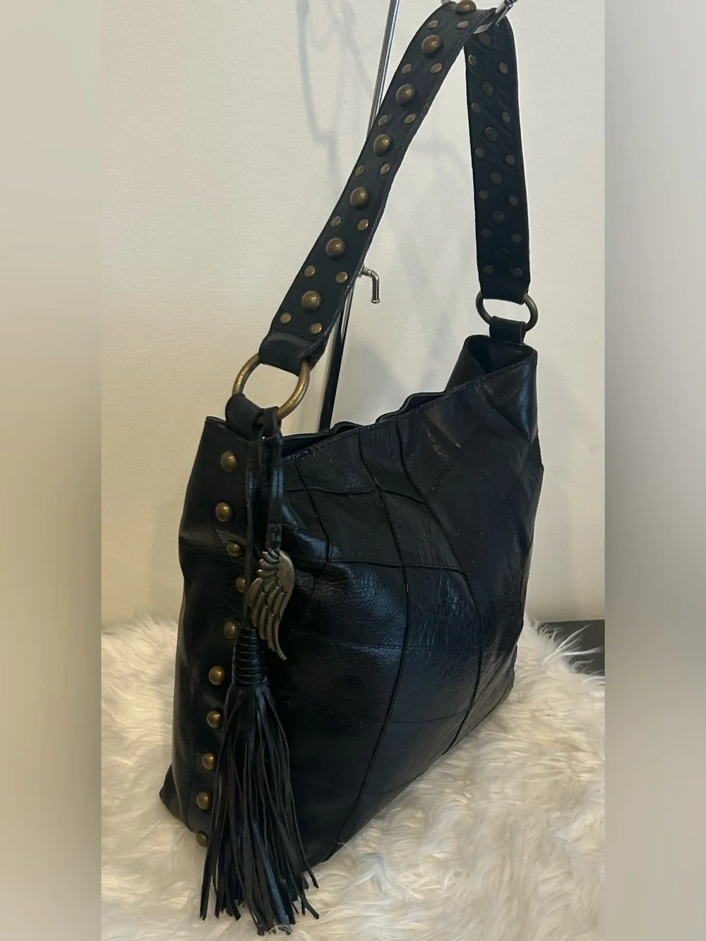 Angel By L. Martino Black Leather Shoulder Bag Crossbody Slouchy Hobo Purse
